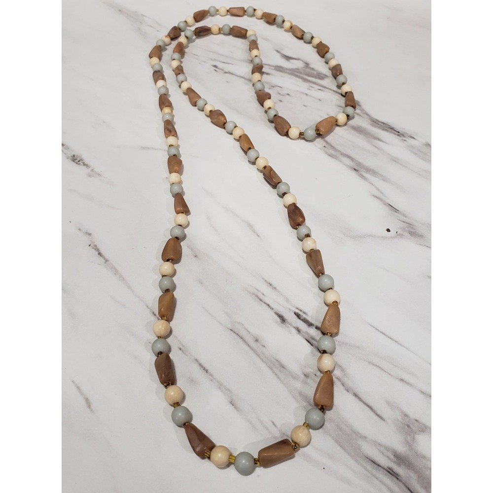 Vintage Boho Tribal Tan Neutral Cream 48" LONG Bead Necklace Natural Faux Stone